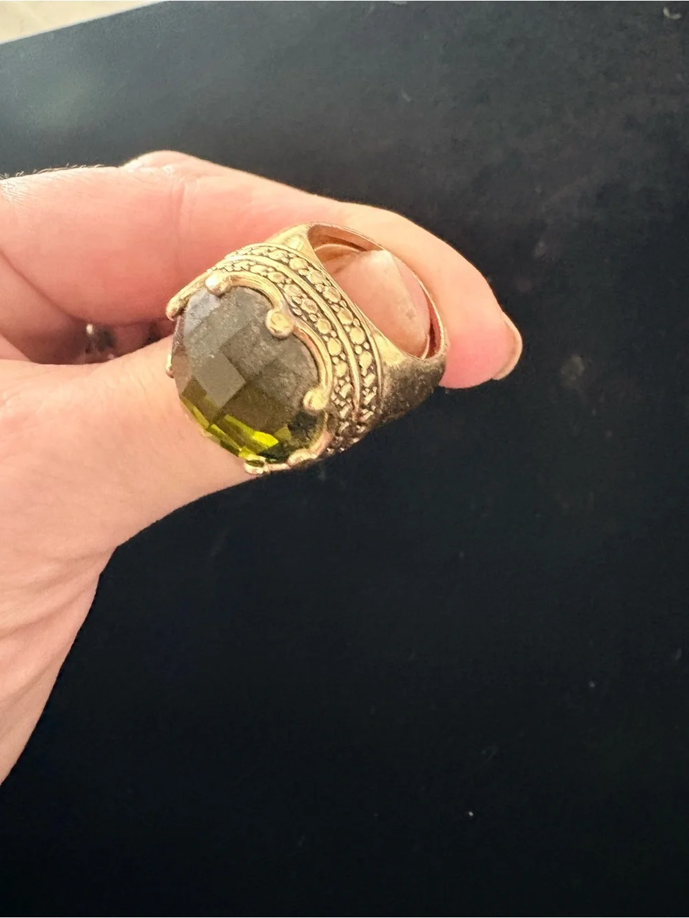 Heavy Crown Gold-Tone Statement Ring with Dark Green Stone
